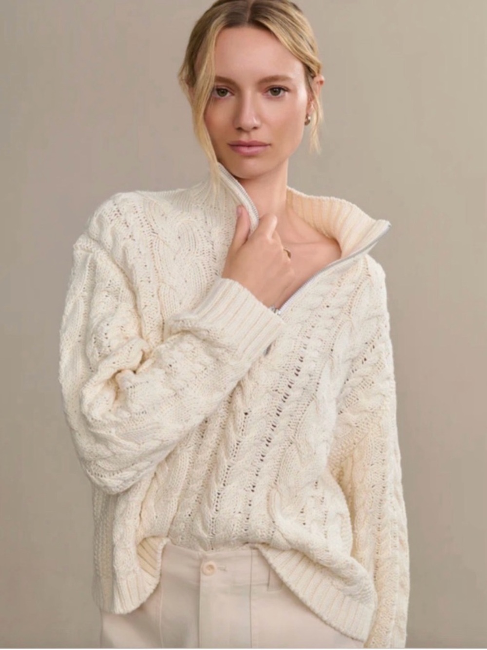 Jenni Kayne Cotton Cable Half Zip - Ivory - Size XS